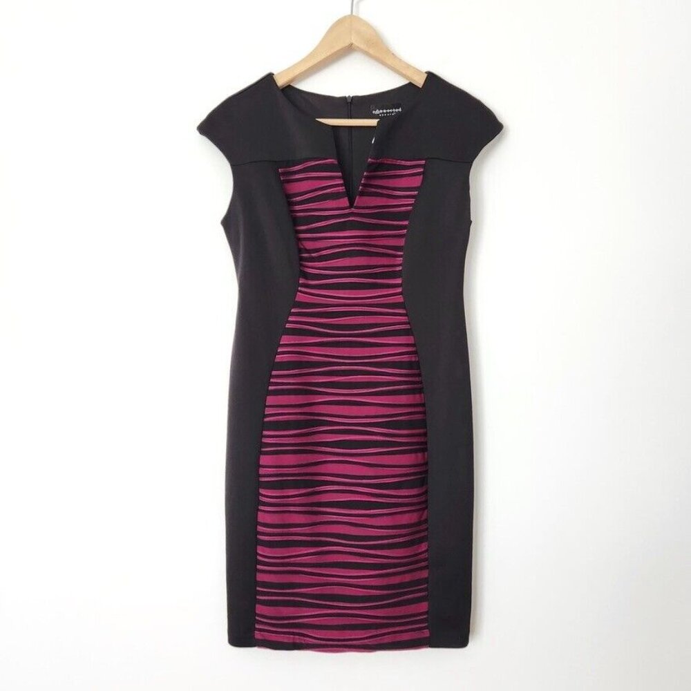 Y2K Office Siren Bodycon Dress 6P NWT Black Berry Purple Colorblock Work Ruched - Picture 1 of 13